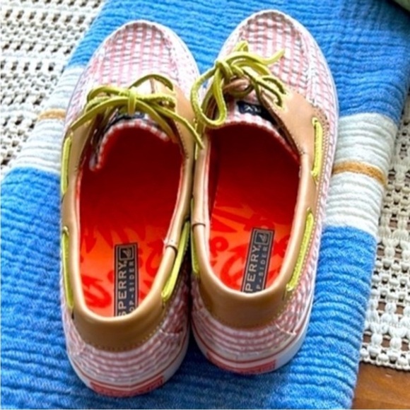 Seersucker Coral White Stripe Boat Shoes Women Size 8 New In Box Sperry Top Line - Picture 6 of 6